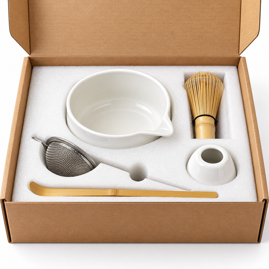 Traditional Matcha Tea Set with Whisk, Bowl & Sieve plus Bamboo Tray