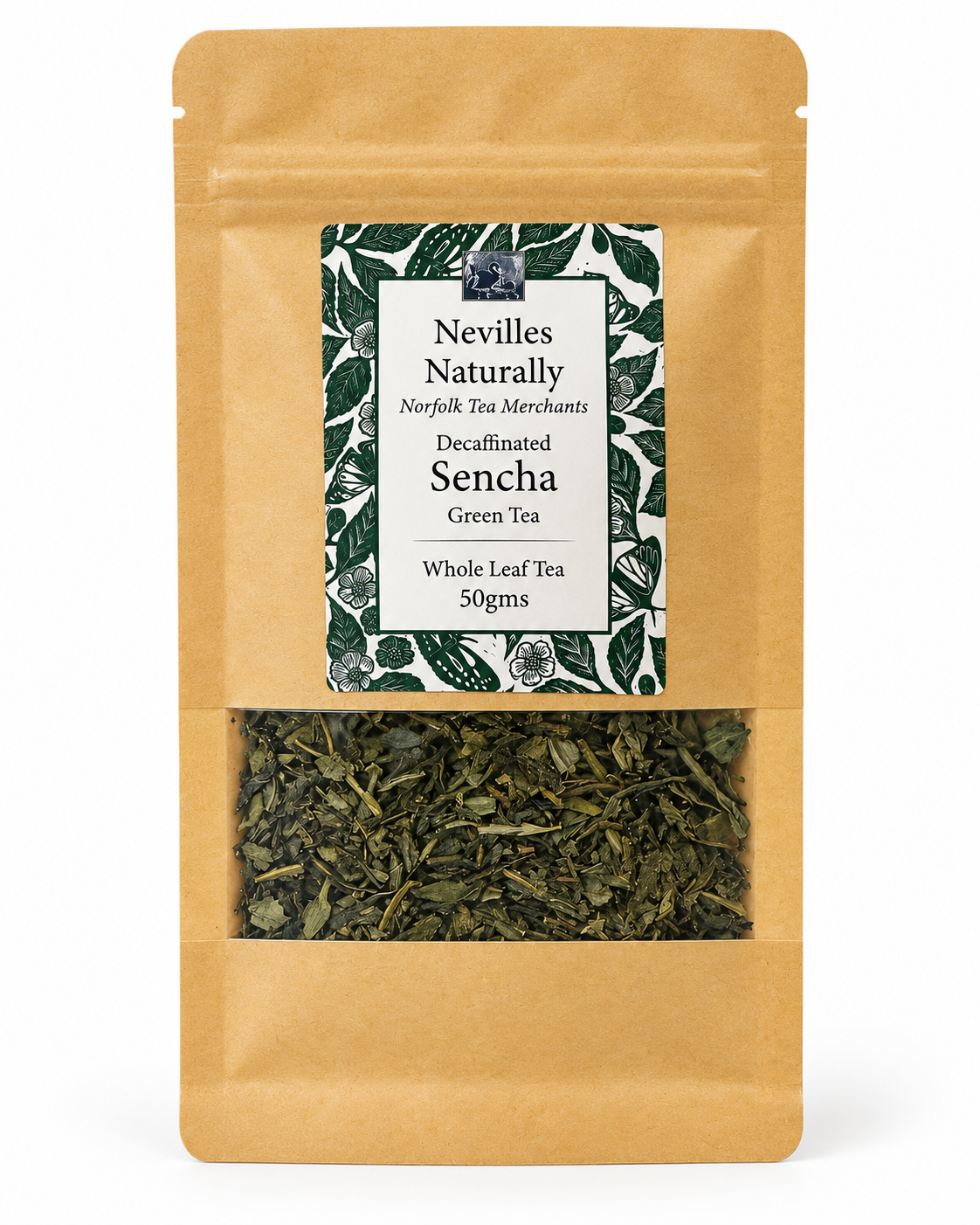 Loose-leaf decaffeinated sencha green tea in a white dish